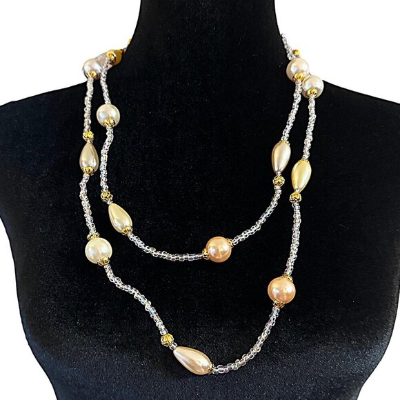 CI Avon Necklace Simulated Pearls Aurora Borealis Glass Beads 56 Inch Length Vin - Picture 2 of 6